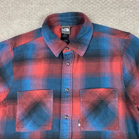 The North Face Flannel Shirt Men's Small Red Blue Black Shadow Plaid Pearl Snap - Picture 2 of 14